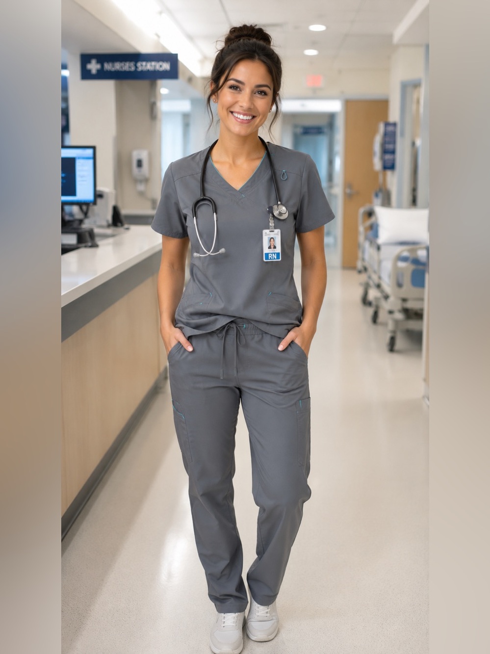 Women’s Grey and Blue accent Drawstring Scrub Set by Scrubstar